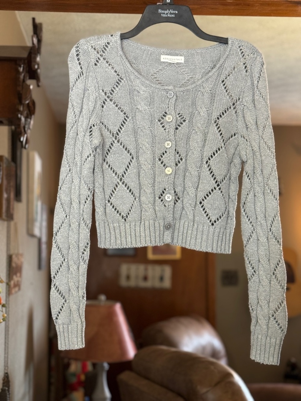 Aeropostale Light Gray Open-Knit Button Cardigan